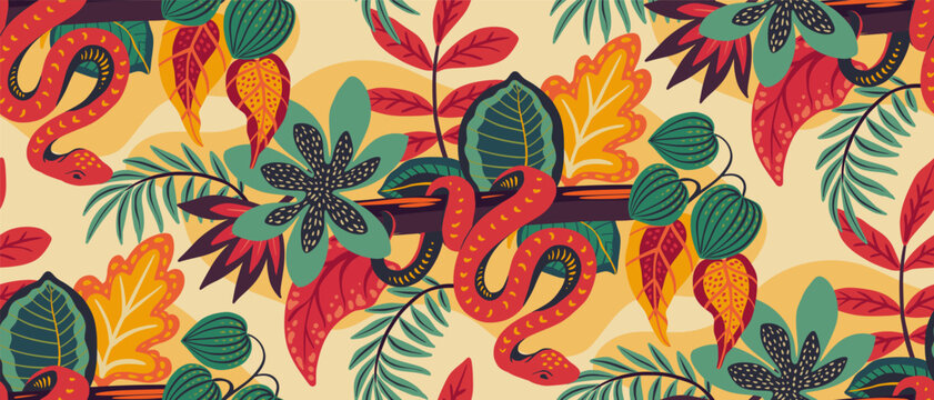 Vector seamless pattern with tropical plants and flowers, wild animals, snake