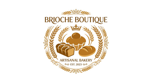 Elegant vintage style bakery logo design with bread and wheat wreath elements.