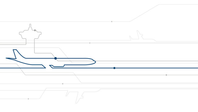 Minimalist aviation infrastructure vector illustration featuring a passenger airplane and abstract network lines. Modern linear design for air transport, logistics, technology and global connectivity