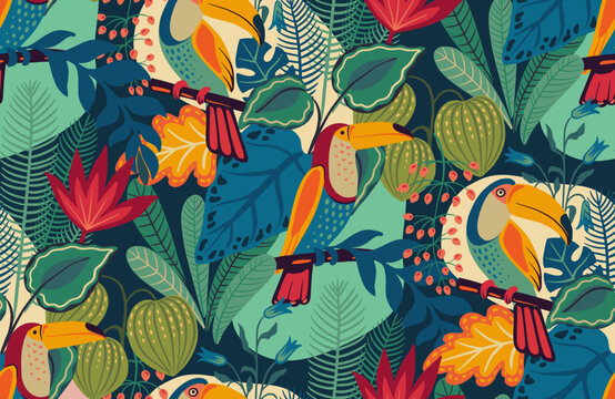 Vector seamless pattern with tropical plants and flowers, wild animals, toucan, exotic birds