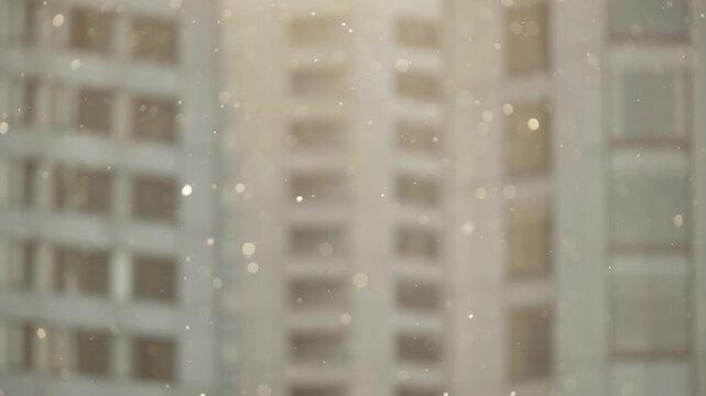 Warm sunlight illuminating tiny dust motes in front of an abstract urban backdrop