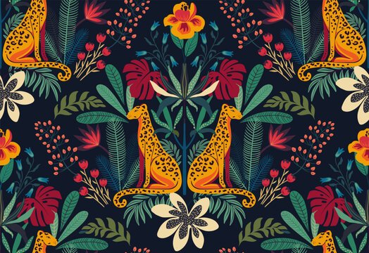 Vector seamless pattern with tropical plants and flowers, wild animals, cheetah, toucan, exotic birds