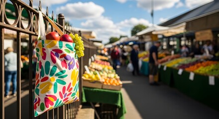 Fototapeta premium A colorful reusable shopping bag filled with fresh fruit hanging on a fence at a bustling outdoor market with stalls of produce and people.