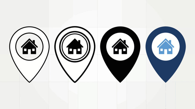 Diverse real estate map pin icons featuring house symbols to represent property locations and home searches across multiple color variants.