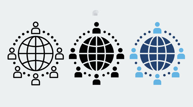 Global network and teamwork concept with a central globe surrounded by connected people icons, symbolizing collaboration across borders