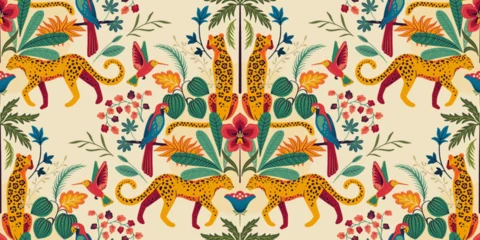 Vector seamless pattern with tropical plants and flowers, wild animals, cheetah, exotic birds © natality