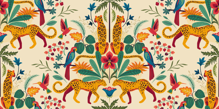 Vector seamless pattern with tropical plants and flowers, wild animals, cheetah, exotic birds