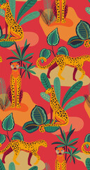 Obraz premium Vector seamless pattern with tropical plants and flowers, wild animals, cheetah.