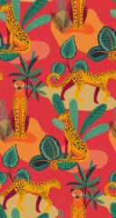 Vector seamless pattern with tropical plants and flowers, wild animals, cheetah. © natality