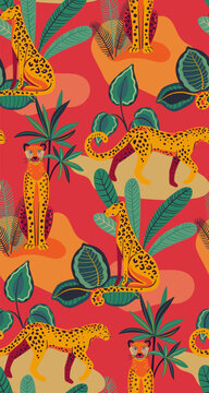 Vector seamless pattern with tropical plants and flowers, wild animals, cheetah.
