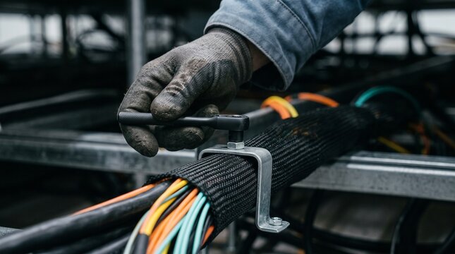 Gloved technician secures cable routes beneath a raised floor