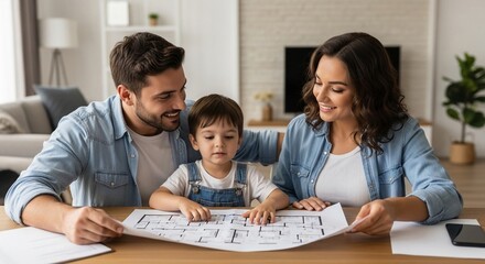 Fototapeta premium Young Family Examining House Blueprint Together Planning Their New Home