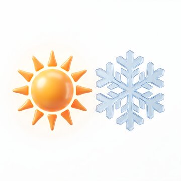 Weather icons of sun and snowflake, 3D glossy summer and winter symbols, hot and cold temperature concept on white background