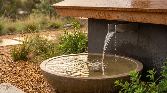 Roof scupper feeds a discreet rainwater garden collection vessel