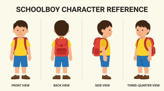 Character reference sheet of a young schoolboy with a backpack in various poses.