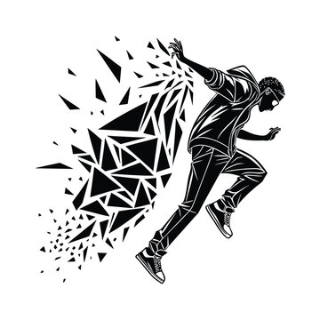 Breakdancer silhouette with geometric explosion effect and shattered pieces vector graphic.