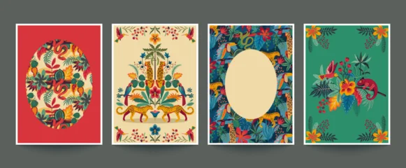 Vector set of four pre-made cards with colorful tropical plants and flowers, palm leaves and leopards. Templates for posters, invitations. © natality