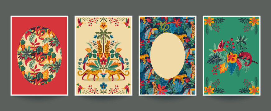 Vector set of four pre-made cards with colorful tropical plants and flowers, palm leaves and leopards. Templates for posters, invitations.