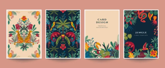 Vector set of four pre-made cards with colorful tropical plants and flowers, palm leaves and leopards. Templates for posters, invitations. © natality