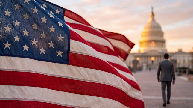 Close-Up American Flag with Businessman Walking Toward the U.S. Capitol at Sunrise