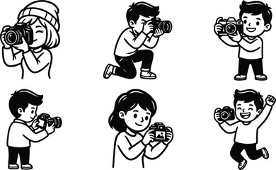 Fototapeta premium Cartoon children taking photos with cameras in playful group scene black and white line art style