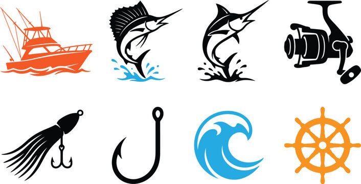 Fishing Elements Vector Illustration Featuring Boat Marlin And Tackle angling