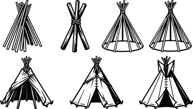 Tipi line art set: black and white teepees in vector style