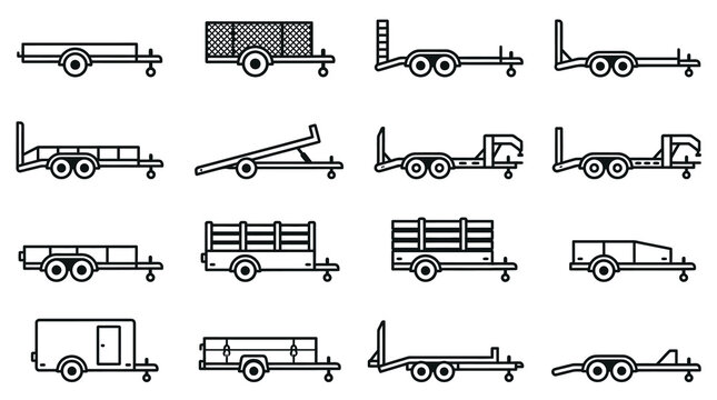 Minimalist utility and flatbed trailer outline icon collection