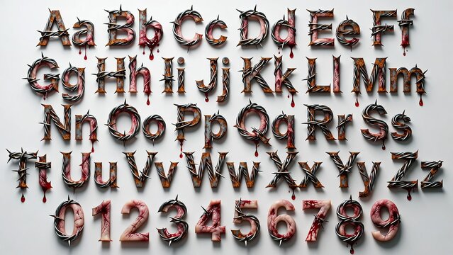 rusted metal horror font with barbed wire and dripping blood