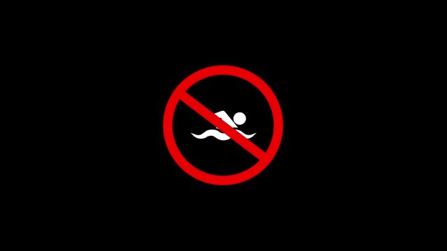 No swimming prohibited sign animation on black background, warning symbol for water safety warning sign