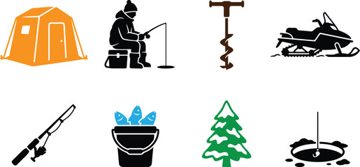 Naklejka premium Ice Fishing Elements Set Black Vector Icons On White Background