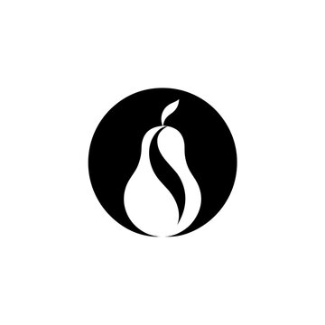 A premium luxury minimalist vector logo featuring a stylized pear formed with elegant negative space and smooth geometric curves inside a perfect circular badge. A single modern leaf seamlessly intege