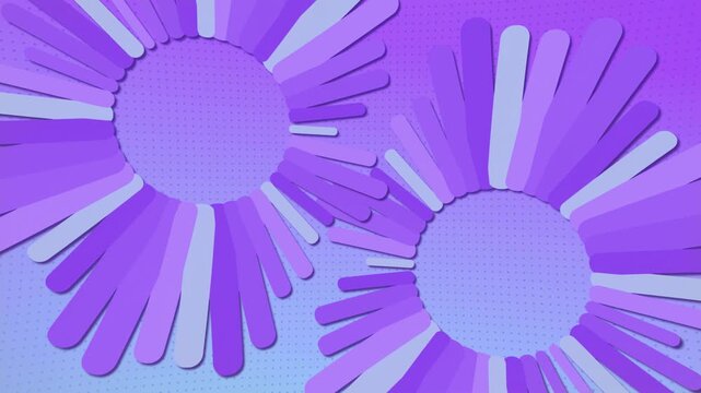 Seamless 4K 3D animation. Two diagonal spheres of pulsing purple rays. Volumetric paper cut layered effect on a dotted texture background. Stylish motion design for modern backgrounds