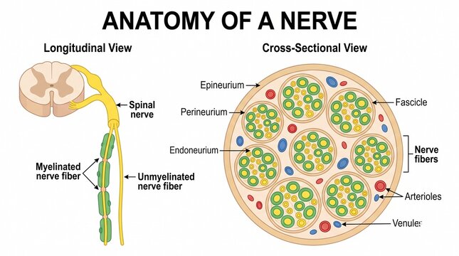 Medical diagram showing anatomy of a nerve in longitudinal and cross section
