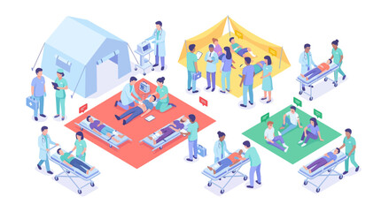 Naklejka premium Medical Emergency Response Scene with Multiple Healthcare Professionals Providing Care and Support in a Clinical Environment