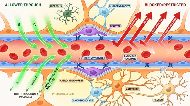 Diagram showing selective permeability of the blood-brain barrier