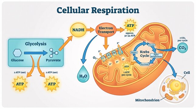 Cellular respiration diagram showing glycolysis and the krebs cycle