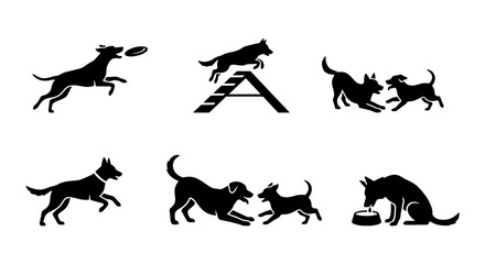 Fototapeta premium Dog Activity Silhouettes: Playing, Agility, Eating, 6 Vector Icons Set