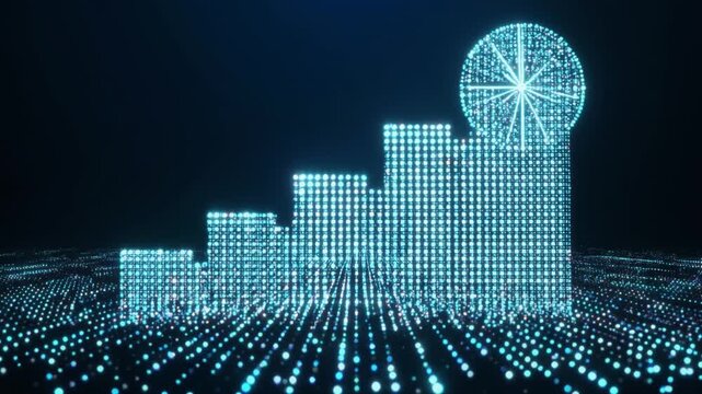 Dynamic digital particle animation forming a bar graph and pie chart, showcasing financial growth and data analysis, symbolizing success and strategic planning