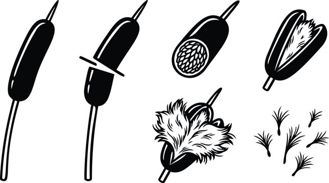 Vector set of sausage skewers and corn dogs with feather garnish silhouettes