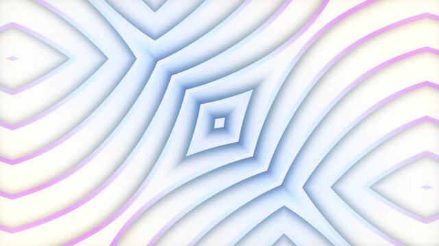Light 3D background with a diamond pattern and smooth waves. Abstract symmetrical animation in pastel white, blue, and pink tones. Clean seamless loop for stylish wellness presentations and design