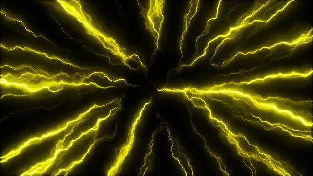 Dynamic yellow lightning plasma energy exploding from center in radial burst, symbolizing power, speed, and electrical force, abstract background motion.