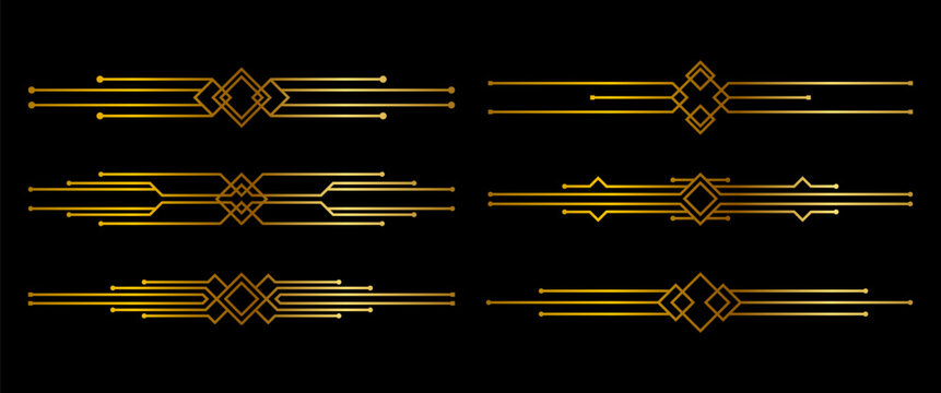 Art Deco Divider Set Luxury Gold Border Line And Geometric Ornament Template For Wedding Invitation Certificate And Menu Header