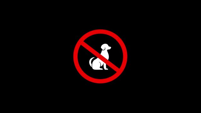 No dogs allowed sign animation, prohibited pet symbol for public spaces and business policy no pets