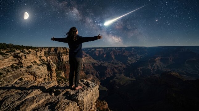 Woman standing on the canyon edge with open arms watching a bright falling star tonight