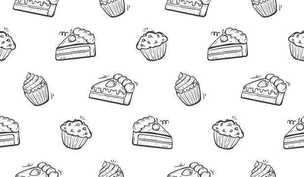 Cake doodle background. Cupcake pattern background. Sweat dessert doodle seamless pattern. Pastry cake flavor hand drawn pattern with chocolate, strawberry, vanilla, black forrest, cream, muffin.