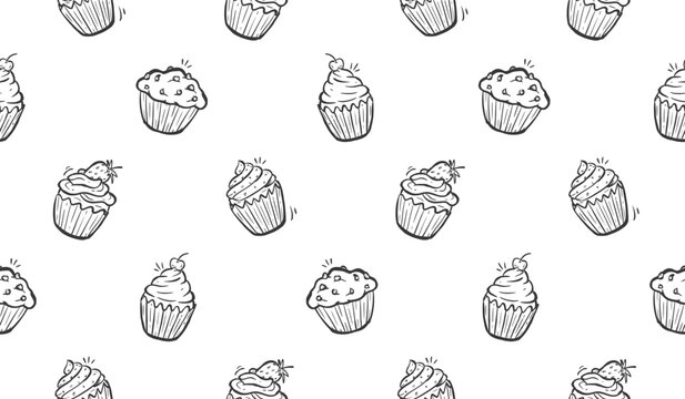 Cake doodle background. Cupcake pattern background. Sweat dessert doodle seamless pattern. Pastry cake flavor hand drawn pattern with chocolate, strawberry, vanilla, black forrest, cream, muffin.