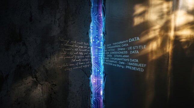 Abstract of cyber security breach, glowing blue circuit board crack splitting stone wall, data protection, hacking attack, firewall failure, digital vulnerability