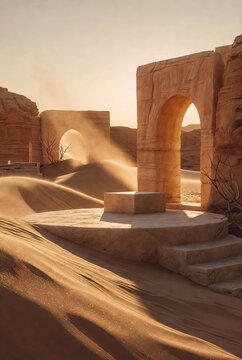 Ancient sandstone ruins with podium in golden desert light
