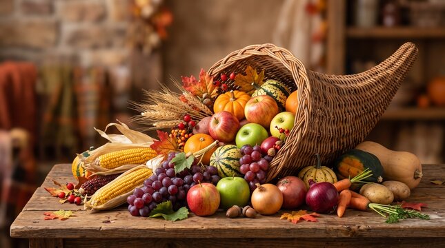 Thanksgiving cornucopia overflowing with autumn harvest vegetables and fruits on a rustic wooden table